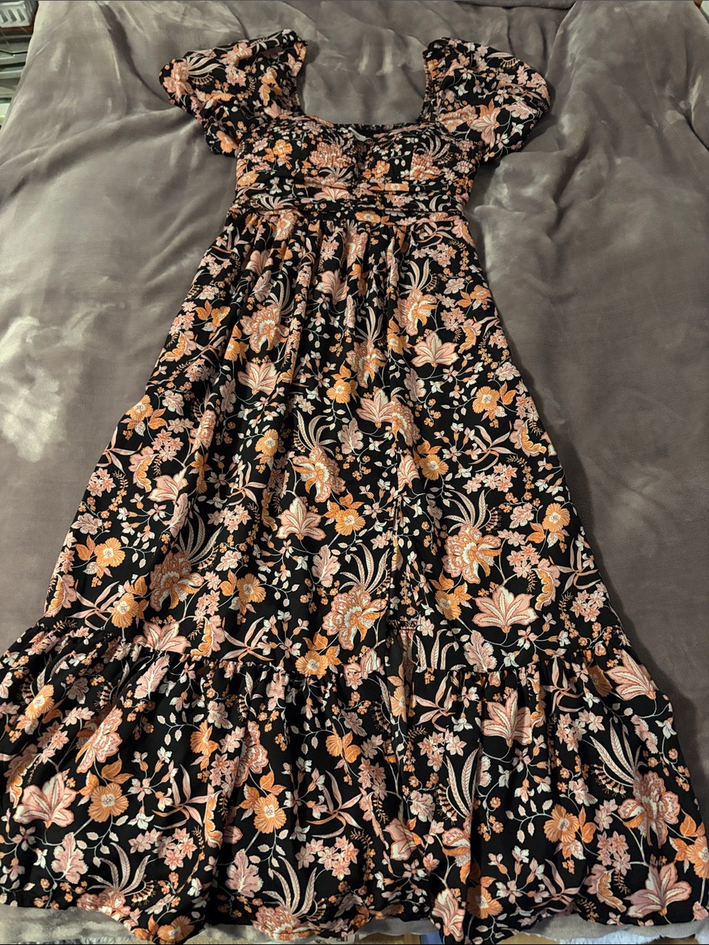 Maurices XS Black Maxi Dress with Pink and Orange Floral Print